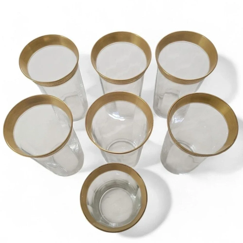 MCM Tiffin? Gold Rimmed Glassware‎ Set 7pc Mid-Century Modern Barware Clear Gold